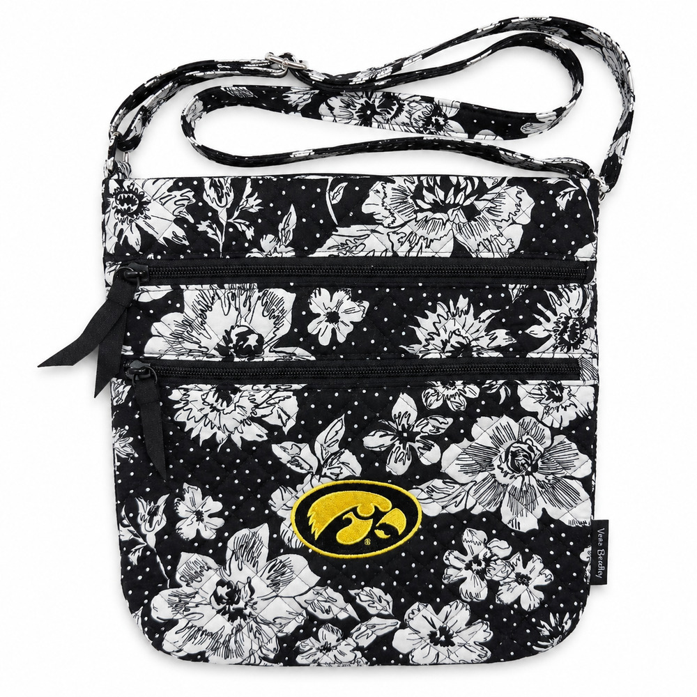 NEW NWT Vera Bradley Iowa Hawkeyes Black Floral Quilted Crossbody Bag Triple Zip